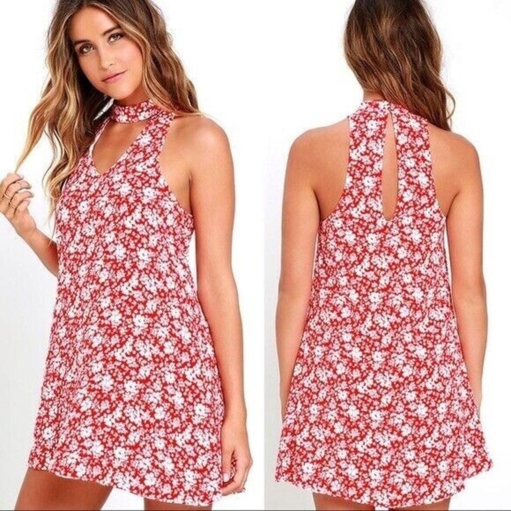 LULUS Women Lean Close Floral Mini Dress Sz S Red Keyhole Summer Swing 65-4